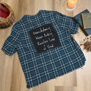 Upcycled Plaid Flannel Shirt Reckless Love of God Graphic Distressed Button Down
